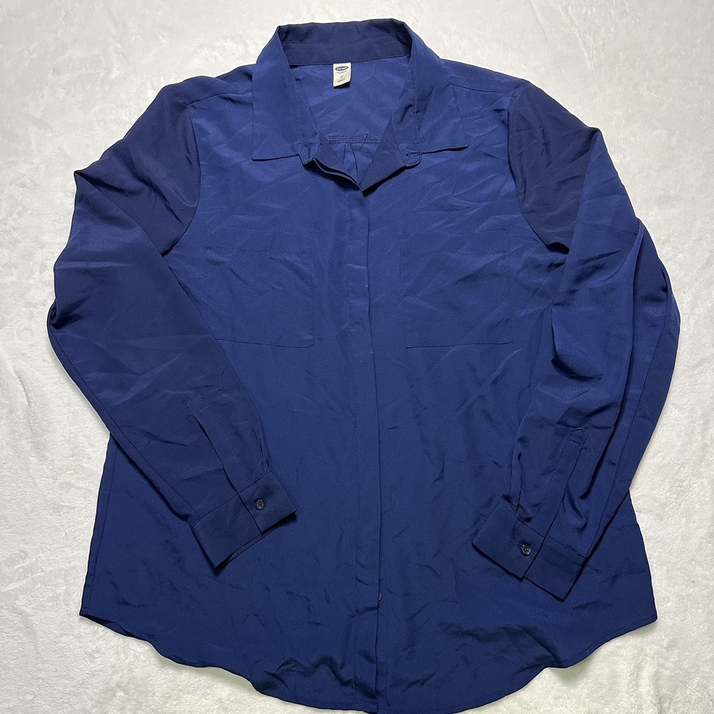 Old Navy Blouse Women's Large Navy Blue Button Up Preppy Business Collared